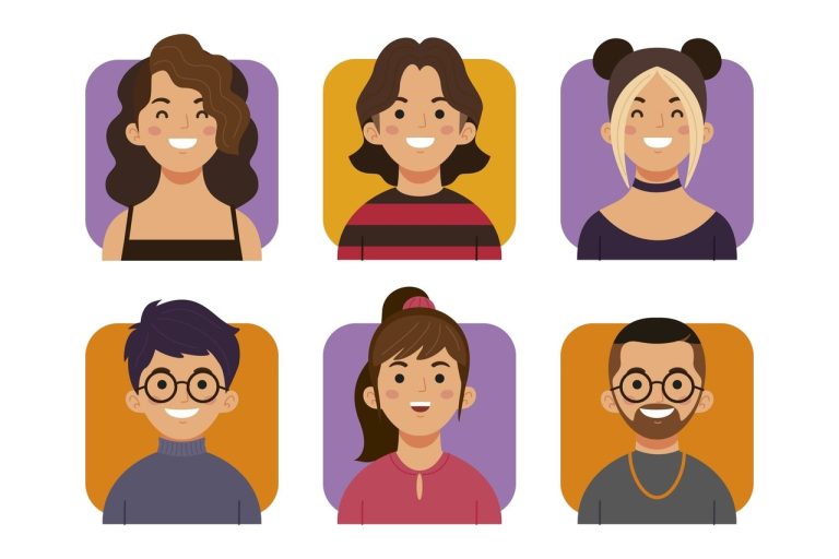 Seis ilustrações coloridas de pessoas, dispostas em duas linhas de três, para a visualização de criação de personas para o marketing digital