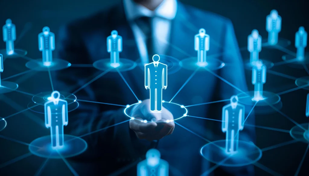 Inbound marketing B2B: pessoa no epicentro de uma rede de potenciais candidatos