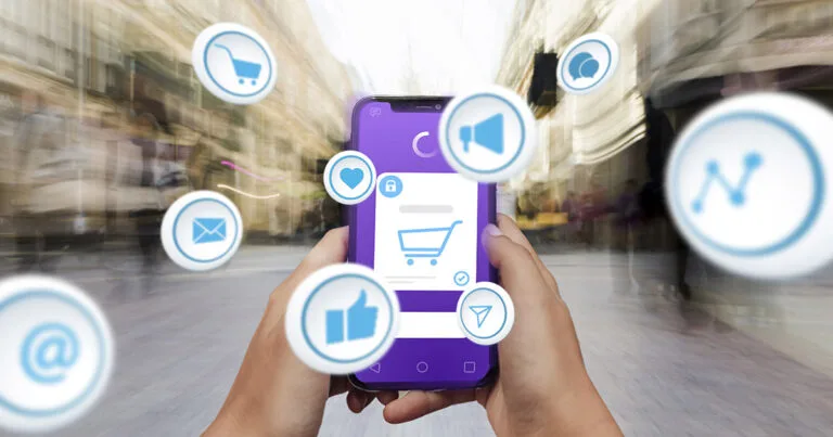 Modelo D2C: pessoa segurando smartphone e vários ícones saltando da tela, simbolizando e-commerce