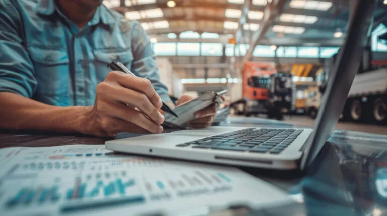 ICP B2B industrial: homem em ambiente fabril trabalhando com notebook enquanto escreve.