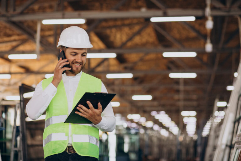 homem em ambiente industrial usando equipamento de proteção e falando ao telefone enquanto segura um tablet.