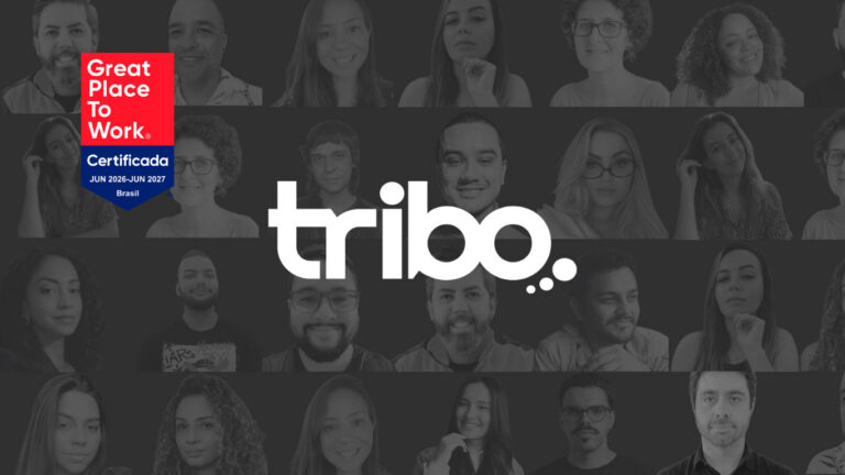 Selo Great Place to Work: mosaico com fotos da equipe da Tribo.